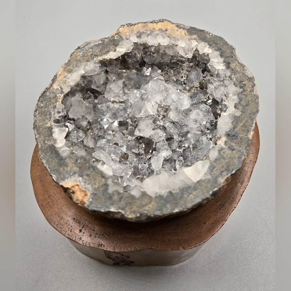 Smoky Quartz & Topaz Crystal Geode on Wooden Stand 3¼" Tall 4" Diameter